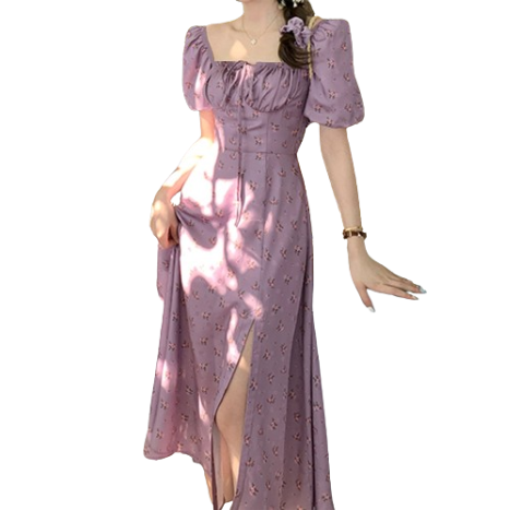 Lovito Casual Ditsy Floral Lace Up Plicated Puff Sleeve Dress for Women LNE16026 (Purple)