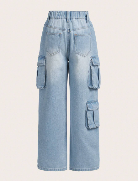 Tween Girl's Washed Cargo Denim Pants