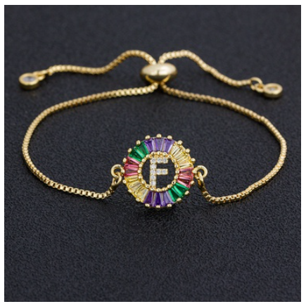 New Fashion A-Z Initial Colorful Cubic Zircon Letter Bracelets Adjustable Chain Rainbow Jewelry F