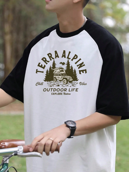 Men Car & Letter Graphic Raglan Sleeve Tee