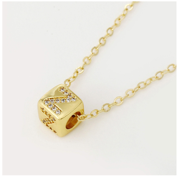 18K Gold Plated Titanium Steel English Letter Pendant Necklace Collar Chain Women's Fashion Copper Inlaid Zircon Dice Necklace Neckchain Z