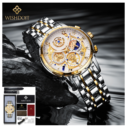WISHDOIT Watch for Men Original Waterproof Stainless Steel Multifunction Chronograph Calendar Luminous Business Fashion Watch  SILVER GOLDEN