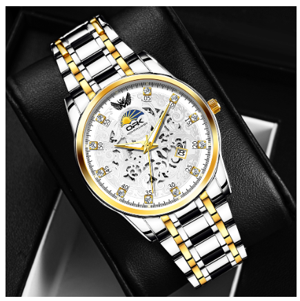 OPK Watch For Men Waterproof Luminous Quartz Original Calendar Diamond Stainless Steel Strap Watch WHITE DIAL TWO TONE STRAP