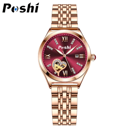 POSHI New Automatic Ladies Watch Diamond Quartz Fashion For Woman Waterproof Watch RED