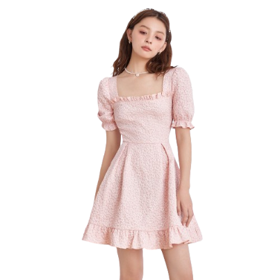 Lovito Romantic Floral Ruffle Hem Frill Midi Length Square Neck Women Dress L44AE011(Coral Pink)