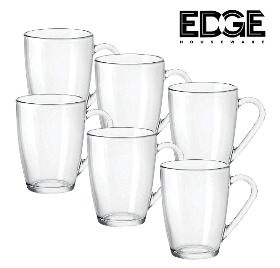 Edge Glass Coffee Mugs Set of 6 Microwave Safe Borosilicate Glass Cups, 380ML Large Mugs Gifts