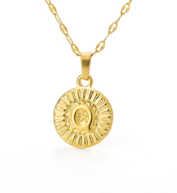 Maxzone A-Z Initial Round Letter Pendant Necklace For Women Stainless Steel Gold Choker Coin Letter Necklace Q