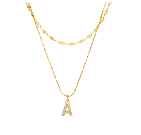 Vnox Double Layered Letter Initial Pendant Necklace,Gold Plated Shiny Zircon Alphabet Charm Necklace for Women A