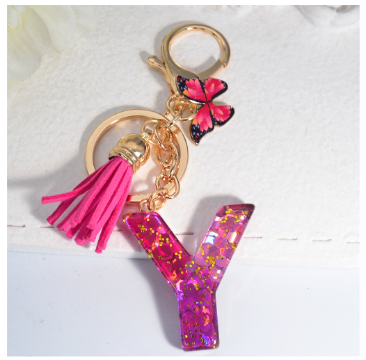 Fashion Gradient A-Z Letter Keychains Sweet Butterfly Tassels Pendant Alphabet Keyrings Name Initials Key Chains Accessories Y
