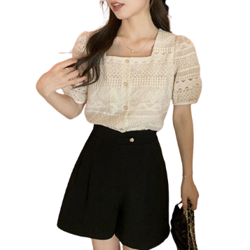 Lovito Women Casual Plain Button Front Square Neck Blouse LNE37043 (Off White)