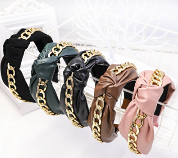 Korean Chain Fashion PU Leather Knotted Headband Wide-Brimmed Temperament Cross Woman Hair Band Hoop