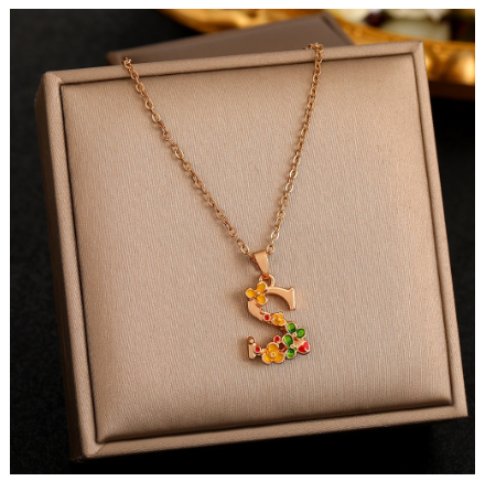 26 Letter Gold Pendant Necklace Dropped Oil Flower Animal Letter Necklace Fashion Men's and Women's Gift Wholesale S