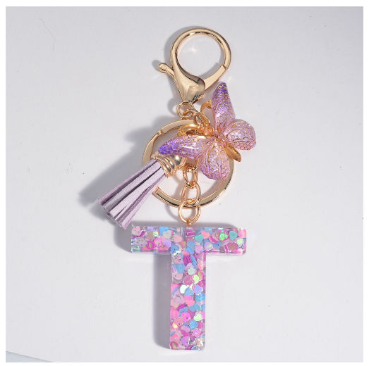 Sweet Heart Sequin Filled A-Z Letter Keychains With Tassel Fashion Butterfly 26 Alphabet Keyring Car Keyholder Birthday Gifts T