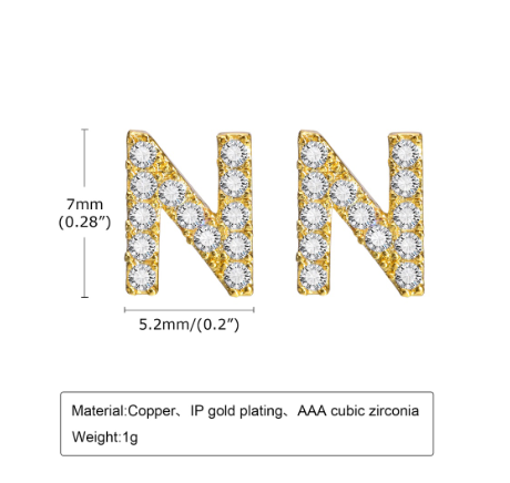 Vnox Gold Zircon Cubic Letter Stud Earrings,Initial Alphabet Small Hypoallergenic Earring One Pair N
