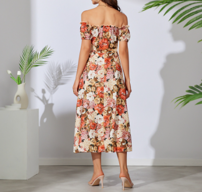 Elegant Floral Frill Split Thigh Tie Front Ruched Dress (Brown)