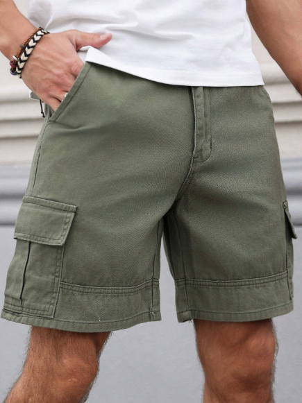 Manfinity Homme Men Solid Color Pocket Design Casual Denim Shorts Baggy Cargo Plain Olive Green Vacation Basic