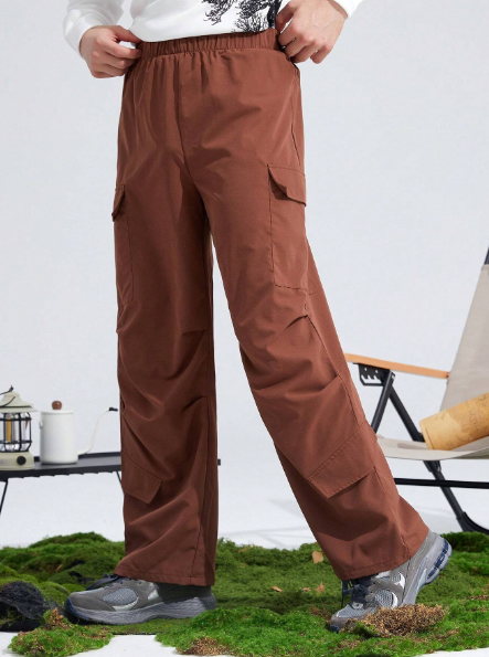 SHEIN 1pc Casual Loose Breathable Versatile Khaki Cargo Pocket Design Woven Pants For Teen Boys, Suitable For Commuting, School, Vacation, Autumn/Winter