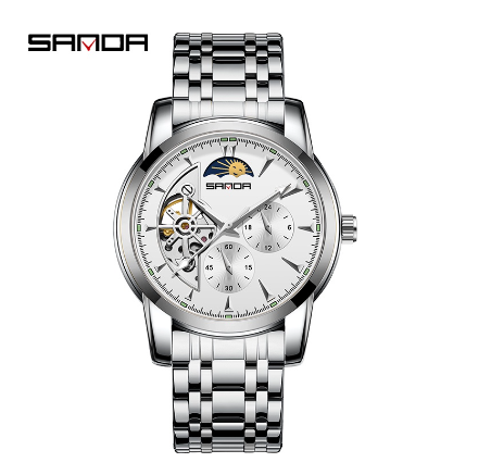 Sanda Premium Commercial Steel Strap Three Hand Water Resistant Luxury Quartz Watch SILVER WHITE STEEL STRAP