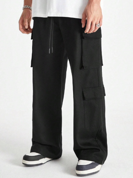 Manfinity StreetEZ Men's Loose Straight Leg Long Pants With Waist Cord,Black Cargo Pants
