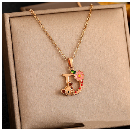 26 Letter Gold Pendant Necklace Dropped Oil Flower Animal Letter Necklace Fashion Men's and Women's Gift Wholesale D