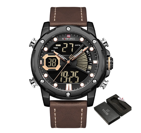 Naviforce Men's Top Luxury Brand Military Men Watch Led Digital Leather Sports Quartz Watches DARK BROWN