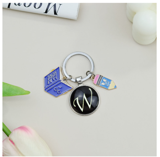 1Pcs Simple Glass 26 Letter Keychains Fashion Book Pencil A-Z Initials Keyrings Student Gifts Souvenir Handbag Pendant Ornament W