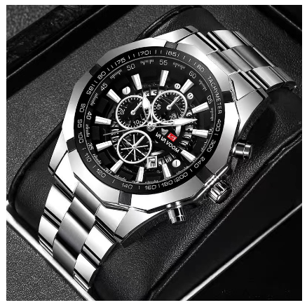 VA VA VOOM Luxury Men's Watch Hollow Out Design Watches Calendar Luminous Function Waterproof Quartz Wristwatch For Men SILVER BLACK