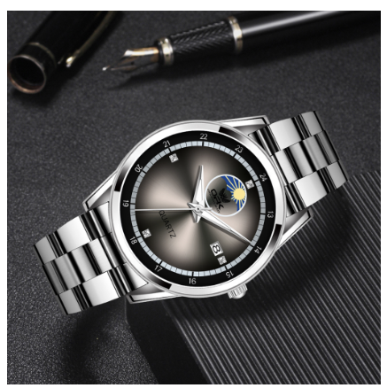 OPK Watch For Men Water Proof Original Stainless Steel Leather Strap With Box Fashion Luminous Quartz Watch BLACK DIAL SILVER STRAP