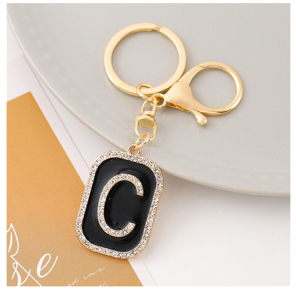 Exquisite Rhinestone 26 Letter Keychain Simple Black Enamel Initials Keyrings For Women Bag Pendant Ornament Car Keyholder Gifts C