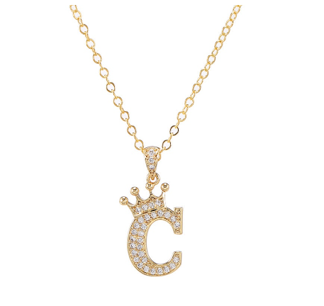 Luxury Crystal Zircon Alphabet Pendant Necklaces for Women Men Gold Crown Initial Letter Necklace C