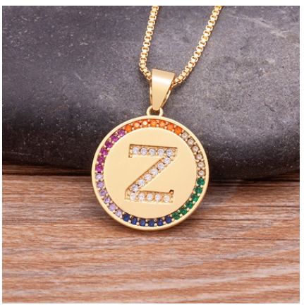 New Arrival Luxury A-Z Initial 26 Letters Pendant Charm Chain Necklaces High Quality Zircon Rainbow Jewelry Z
