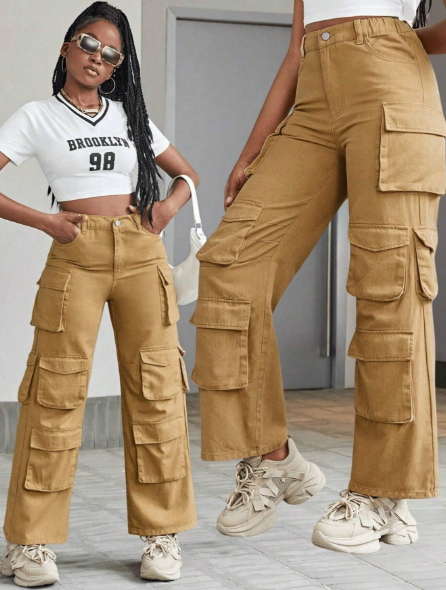 SHEIN Streecool Kids Teen Girls' Khaki Denim Cargo Trousers, Multi-Pocket Design