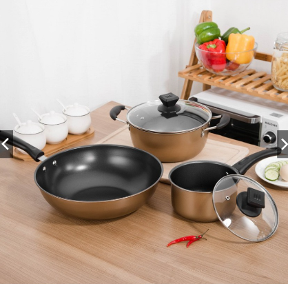 Cookware Set Non-Stick Wok Induction Cooker Kitchen Household Soup Pot Gift Pot Gold Set (3 Pcs)