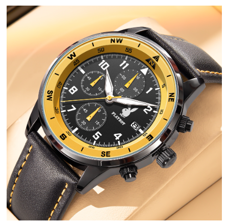Playboy Watch For Men Waterproof Luminous Leather Strap with Chronograph Calendar Men's Watch
