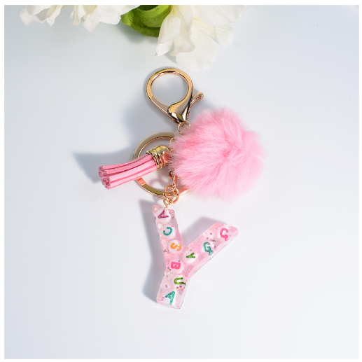 Exquisite Pink A-Z Letter Resin Keychain With Hairball 26 Initials Keyring Charms Women Bag Ornament Best Festival Gift Y