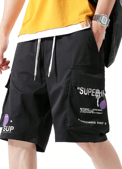 Men'S Slogan Print Cargo Pocket Shorts