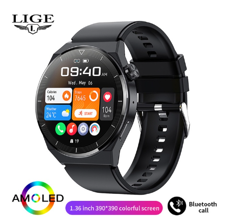 LIGE Smart Watch Men AMOLED HD Screen Heart Rate Bluetooth Call IP68 Waterproof SmartWatch For Android and Ios SILICONE BLACK
