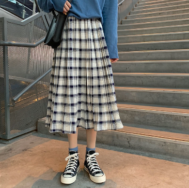 A-line Skirt Women Korean Style Plaid Skirt Elastic High Waist Pleated Mid-Length Floral Women Retro Plaid