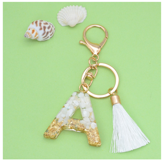 1Pc Gold Tassel Alphabet Keychain English Letter Keyring Glitter Gradient Resin Gold Leaf Crafts Car Mirror Handbag Charms A
