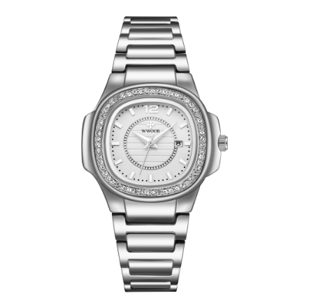 Wwoor Top Brand Luxury Women Watches Gold Watch Stainless Steel Square Waterproof Ladies  SILVER