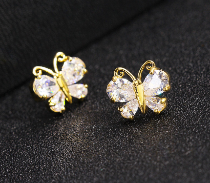 Original Design 18k Gold Plated Butterfly Cute Stud Earrings Shiny Zircons Jewelry Women