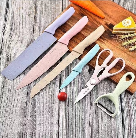 Knife Set 6 PCS Pastel Colors Stainless Steel Chef Knife Bread Knife Cleaver Scissors