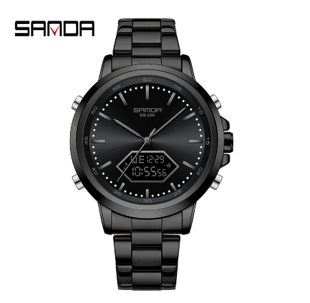 Sanda Waterproof Round Men's Fashion Quartz Watch Stainless Steel Strap Outdoor Watch  BLACK STEEL STRAP