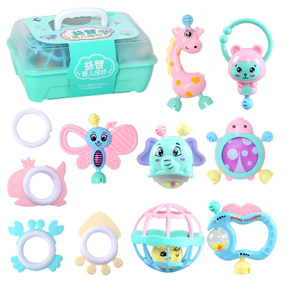 Baby Teether Hand Bell Toy Boys and Girls Grip and Bite Training Toy Set Baby Rattle Drum