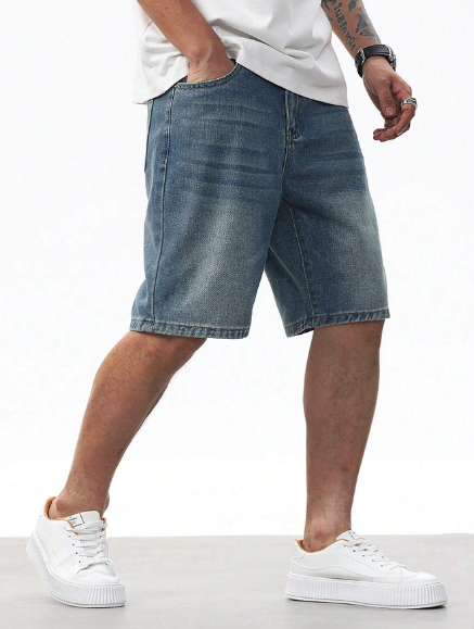 Manfinity Hypemode Men Loose Fit Casual Bermuda Denim Shorts With Pockets Baggy Jorts Plain Light Blue Vacation