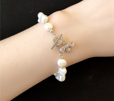 Bee Flower Natural Freshwater Pearl Bracelet Jewelry Shiny Zircon 18K Gold Plated