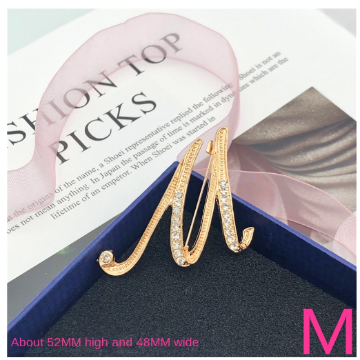 Letter Brooch Korean Version Rhinestone Atmospheric and Elegant Brooch Alloy Inlaid Diamond Temperament Brooch M