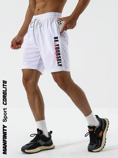 Manfinity Sport Corelite Men's Letter Print Drawstring Casual Summer Sports Shorts