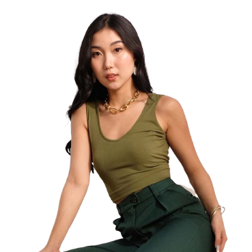 Inspi Chic Trendy Curve V-Neck Tank For Women Korean Sleeveless Shirt Summer Beach Outfit (Army Green)