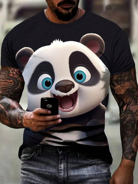 Manfinity Homme Manfinity Homme Men's Cartoon Panda Printed Short Sleeve T-Shirt,Funny T Shirt